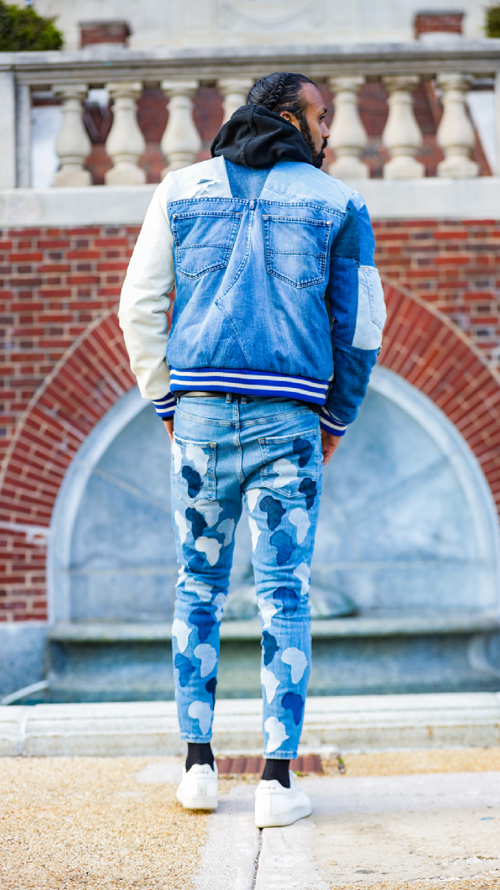 "Enwu Inju" Denim Patchwork Bomber Jacket - Afro Soca Love Supply