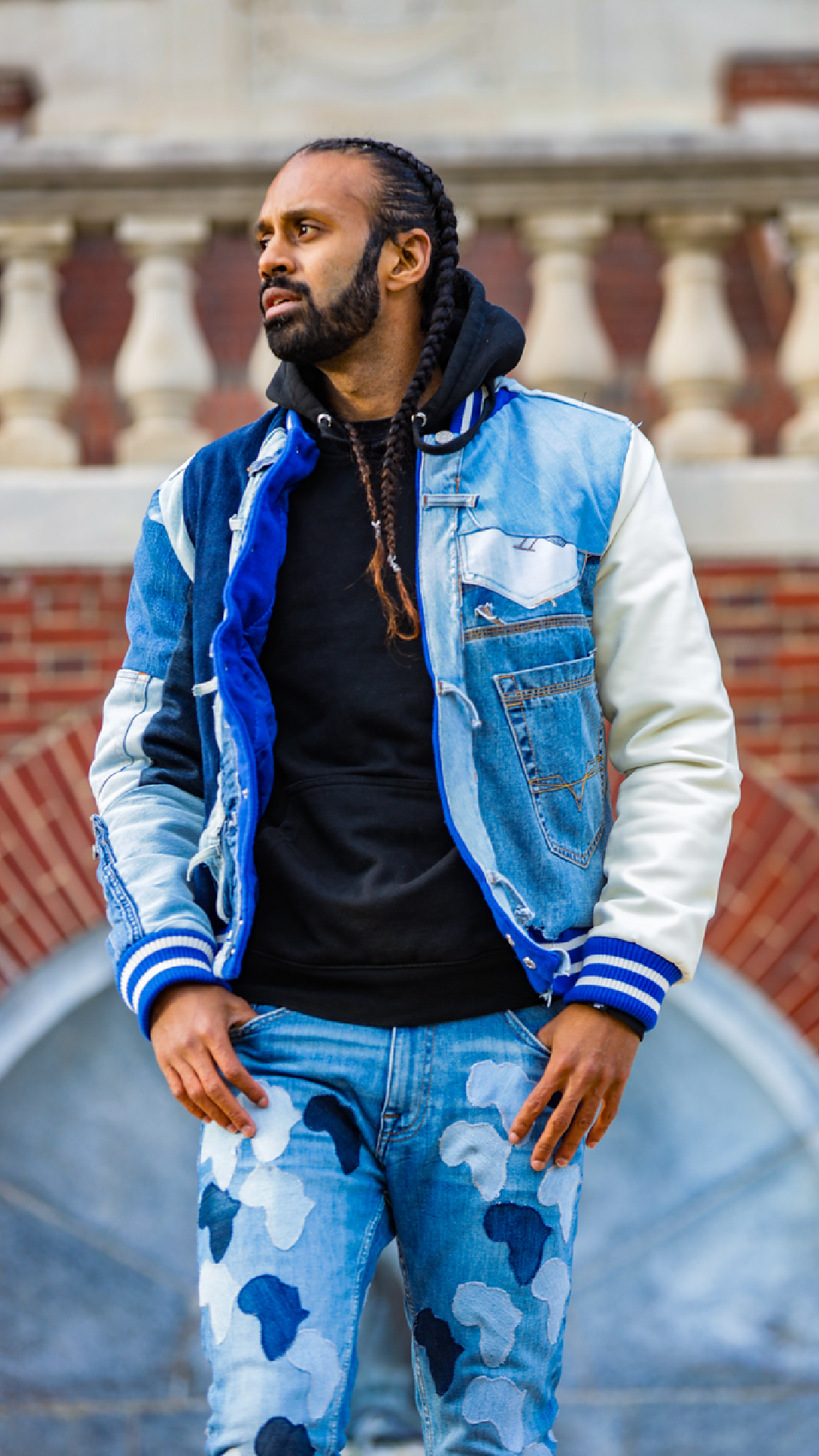 "Enwu Inju" Denim Patchwork Bomber Jacket - Afro Soca Love Supply