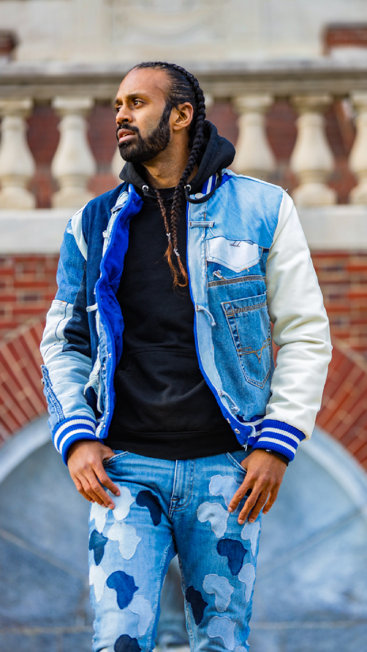 "Enwu Inju" Denim Patchwork Bomber Jacket - Afro Soca Love Supply