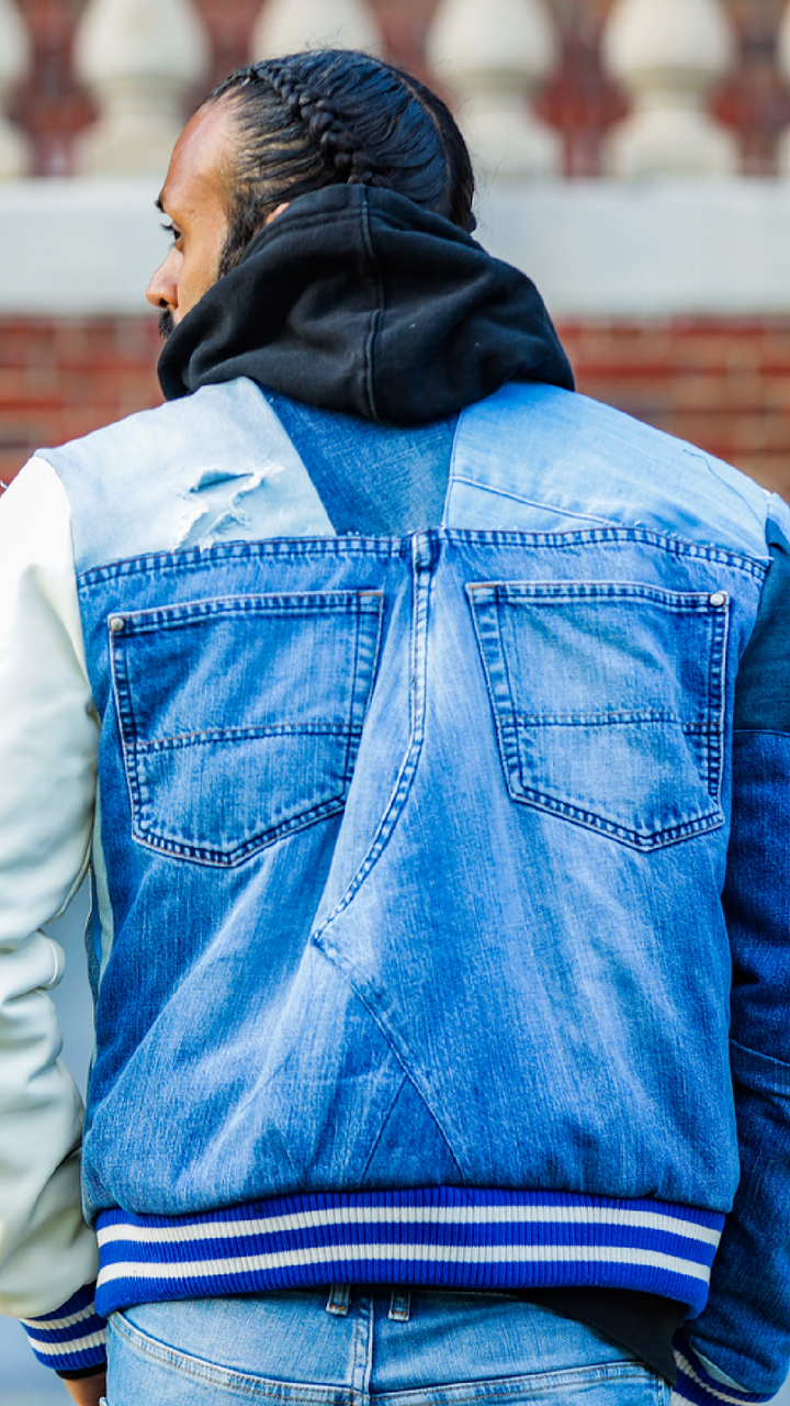 "Enwu Inju" Denim Patchwork Bomber Jacket - Afro Soca Love Supply